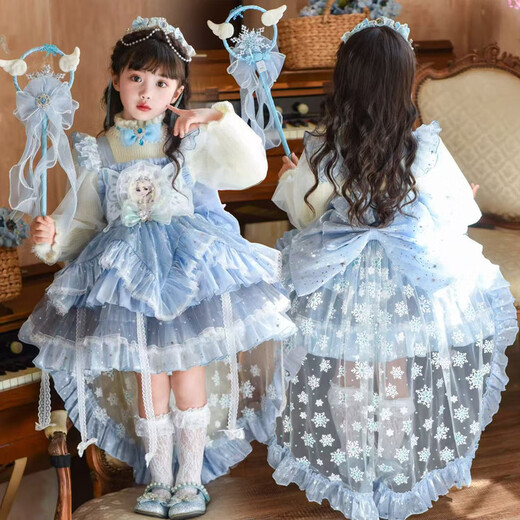 G.duck little yellow duck children's clothing Elsa princess dress girls dress autumn and winter children's dress Lolita birthday dress skirt with tail 100 (recommended height 90-100 3-4 years old)