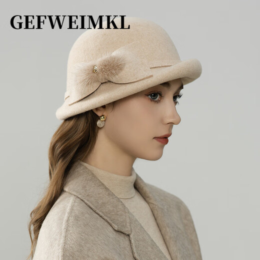GEFWEIMKL Merino Wool Bucket Hat Women's Autumn and Winter New French Furry Bow Fashion Elegant Top Hat Women Black Adjustable (56-58cm)