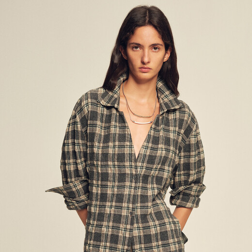 付智恩  英伦格调 复古宽松羊毛棉混纺盐缩磨毛工艺落肩格子衬衫女 松灰格 S