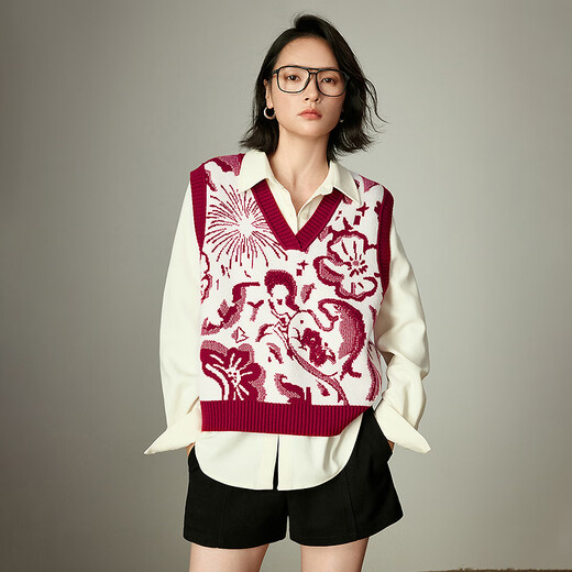 Chuyu Mengzhu Daji co-branded New Year's knitted vest for women 2025 Winter Art Year of the Horse Totem Top New Year Red M