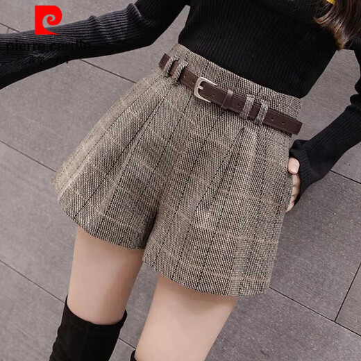 Pierre Cardin (Pierre Cardin) new autumn and winter high-waisted shorts women's woolen fashion belt versatile outer wear slim boots pants fashion plaid khaki 2XL 125Jin Jin equals 0.5 kg -135Jin Jin equals 0.5 kg