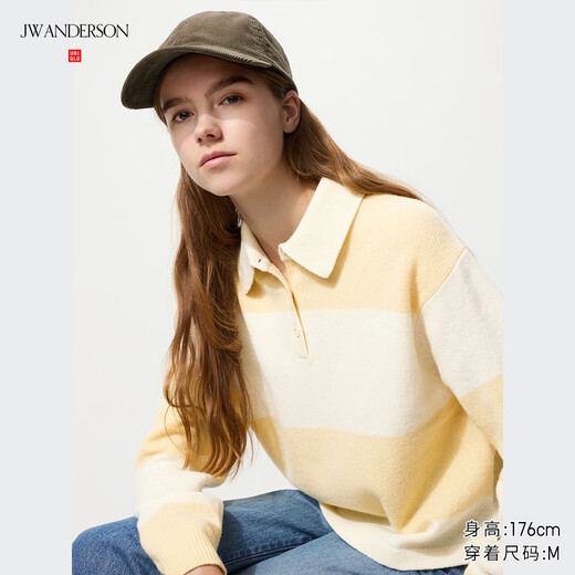 UNIQLO cooperation model/women's soft sheep wool POLO collar striped sweater/sweater 25 new style 481543 40 cream XS