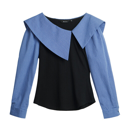 Olrain Women's Autumn Commuting Fake Two-Piece Design Plaid Shirt Contrast Color Splicing Shirt Blue S