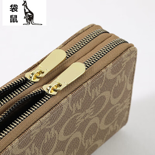 Kangaroo (KANGAROO) women's long wallet 2024 new European and American large capacity double zipper mobile phone bag mother clutch bag CM light coffee
