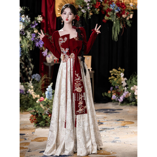 LNGA LANDGRE toasting dress large size fat mm slimming bridal style light luxury long-sleeved new Chinese style wedding engagement homecoming dress burgundy 2XL _140Jin Jin equals 0.5kg -150Jin Jin equals 0.5kg
