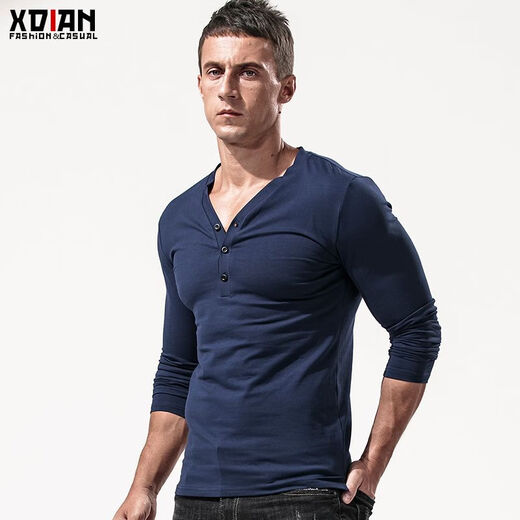 Fanshu Henry shirt long-sleeved T-shirt for men, low-neck American retro bottoming shirt, tight-fitting top, large V-neck spring and autumn style, white M 90-118Jin Jin equals 0.5 kg