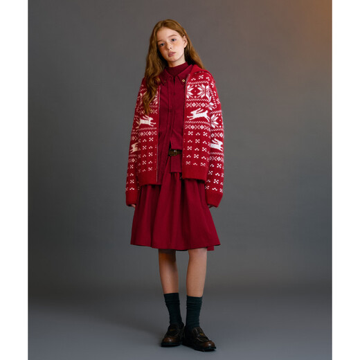 ELLE KIDS Children's Clothing Wide Waist Pleated Umbrella Skirt Girls Winter New French A-line Profile Horse Year Red Half Skirt New Year Red 165 (M)