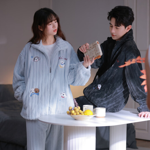 Princess Mark Couple Coral Velvet Pajamas Women's Winter Cute Plush Stand Collar Zipper Can Go Out Home Clothes Men LYR1241-Women's L