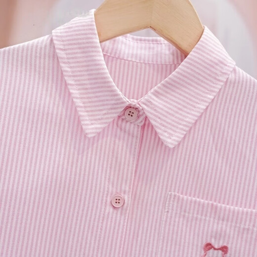 Girls pink shirt spring and autumn middle and large children pure cotton long-sleeved shirt children autumn thin coat girl plaid top pink Pocket Bear 140