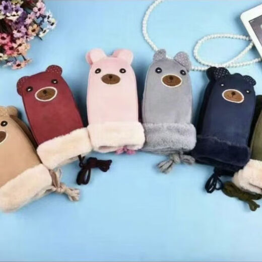 Baichao warm all-inclusive gloves, suede for women, winter plus velvet, windproof and warm, cute student halter neck cycling, random hair for children, one size fits all, thickened version with rope