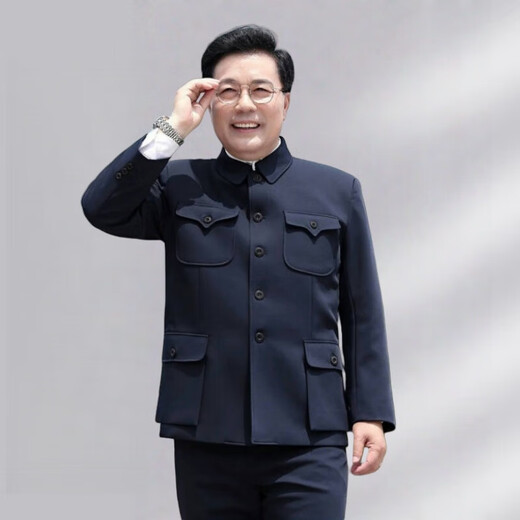 Tang suit dad suit, Chinese tunic suit men's single-piece top, elderly tunic suit autumn and winter Chinese style grandpa coat, navy blue bright pocket, spring and autumn thickness 3XL 175/74