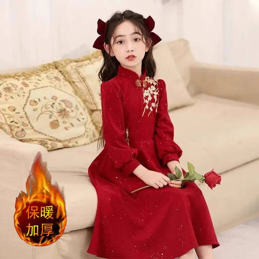 Disney (Disney) girls Chinese style velvet dress 2025 new style red girl princess skirt thickened New Year's greeting dress Chinese style dress without velvet 140