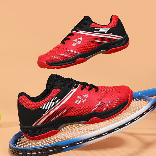 2025 new badminton training shoes for men and women, wear-resistant shock-absorbing mesh, breathable tennis sports professional competition shoes, black and red 41