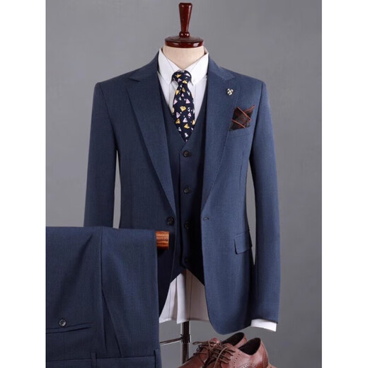 GOLDLION G+ Men's Suit Suit Business Formal Wedding Groom's Dress High-End Casual Suit Jacket Men's Blue Suit+Vest+Pants S