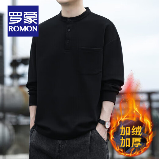 ROMON autumn and winter velvet thickened men's long-sleeved sweatshirt, fashionable, warm and versatile, casual T-shirt, Henry collar loose bottoming shirt, black, velvet XL