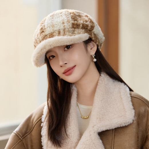 Jimmy Leaf lamb wool octagonal hat women's autumn and winter warm beret big head suitable for showing face small newsboy hat painter hat khaki color one size M (56-58cm)