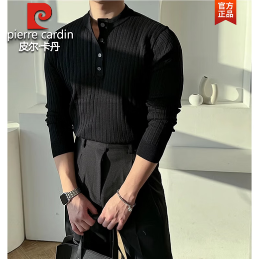 Pierre Cardin black Henry collar long-sleeved T-shirt men's spring and autumn American retro round neck sweater with versatile striped men's knitted black M