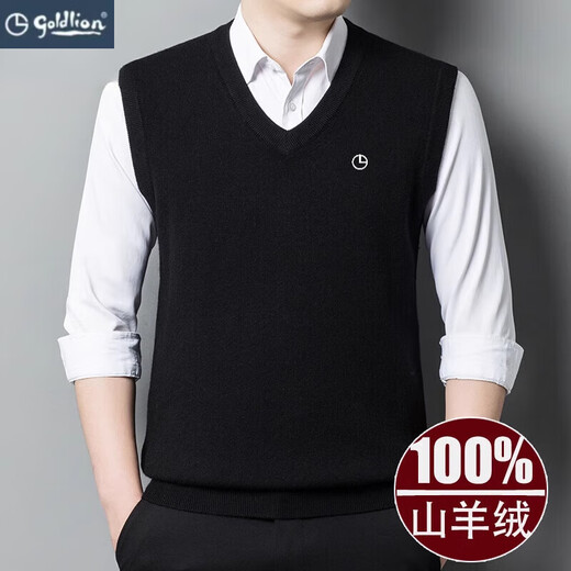 Goldlion Pure Cashmere Men's Thick Vest Autumn and Winter Sleeveless Vest Knitted V-Neck Wool Sweater (V-Neck Vest) Black L 170