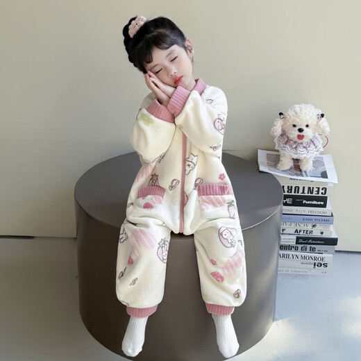 Baby coral velvet pajamas autumn and winter girls conjoined baby children's flannel sleeping bag thickened home clothes princess style off-white rabbit 100