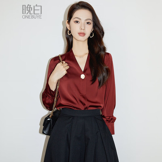 Late White Exclusive 2025 Autumn Fashionable and Western Style Top Chinese Red Long Sleeve Shirt Women's Shirt Dark Red M