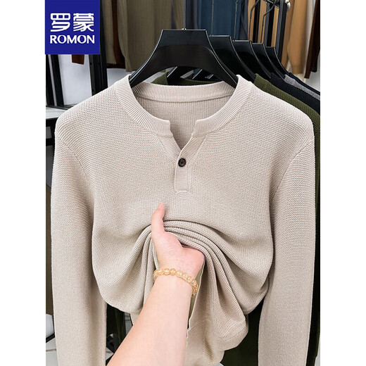 ROMON retro old money style Henry collar sweater men's long-sleeved half-open collar sweater autumn 2025 new round neck base Khaki XL 52/130-150Jin Jin equals 0.5 kg