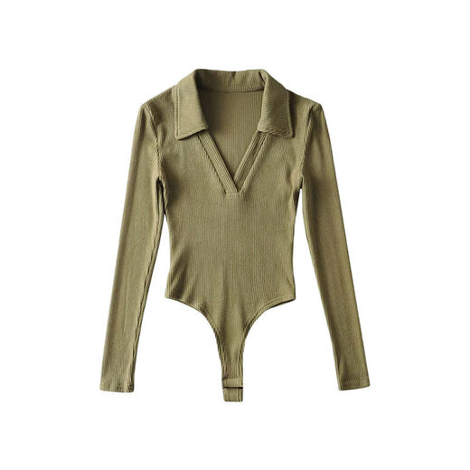 YoungGirlDay European and American hot girls sexy V-neck elastic tight slimming long-sleeved bottoming T-shirt jumpsuit top baby blue autumn and winter brushed version regular style S S