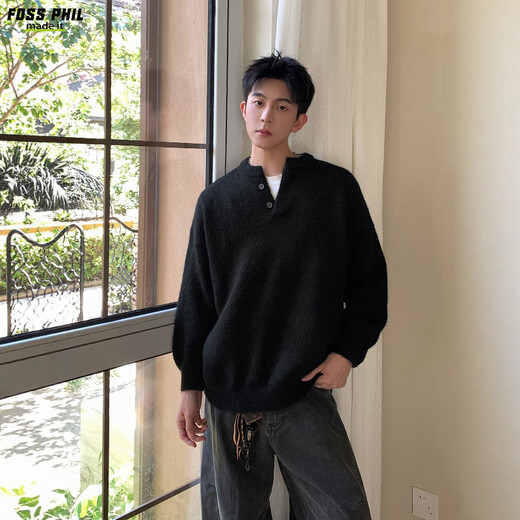 Foss Phil sweater men's autumn and winter solid color Henry collar casual pullover sweater top men MZ0051 black XL