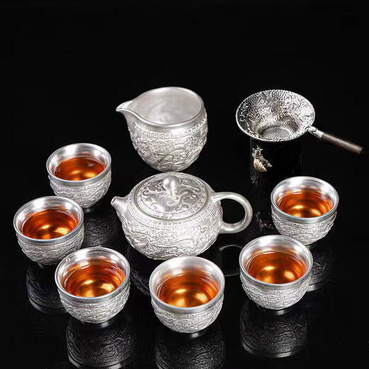 Jiaomingtang 999 sterling silver Kung Fu tea set gift set for leaders and elders to retire, housewarming and retirement practical festival Baifu silver set 10 pieces