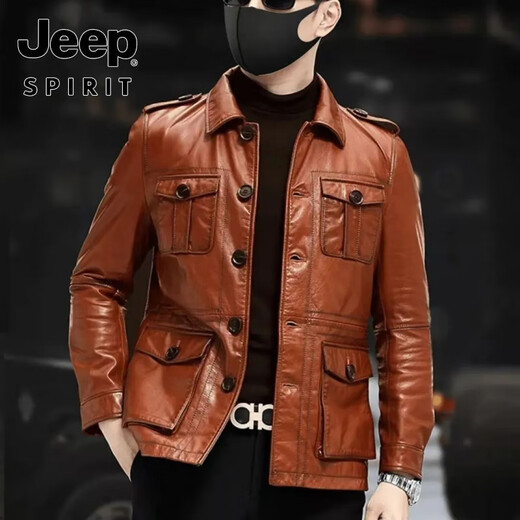 JEEP SPIRIT Heavy Industry Quality Motorcycle Leather Jacket Leather Jacket Slim Hunting Short Lapel Multi-Pocket Autumn and Winter New Men's Clothing Black M 90-110Jin Jin is equal to 0.5 kg