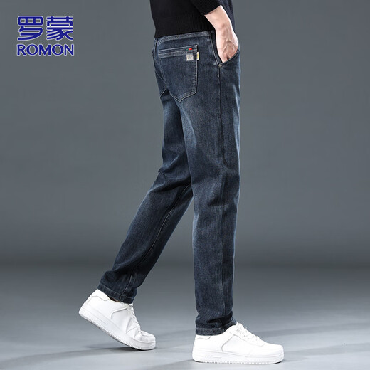 ROMON jeans men's autumn and winter men's straight pants men's micro-elastic casual trendy men's pants haze blue 32