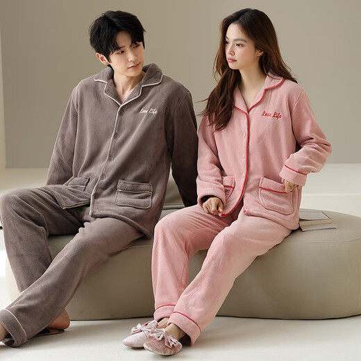 Anzhiban anti-static coral velvet pajamas for women in winter thickened warm flannel cardigan autumn and winter men's home clothes women 64957# bean sand powder M