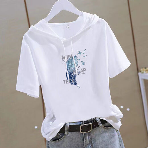 Hooded T-shirt for women 2025 short-sleeved summer loose half-sleeved casual slimming and age-reducing fashionable sweatshirt for women white T-shirt trendy white-baseball cap M 90Jin Jin equals 0.5kg to wear below