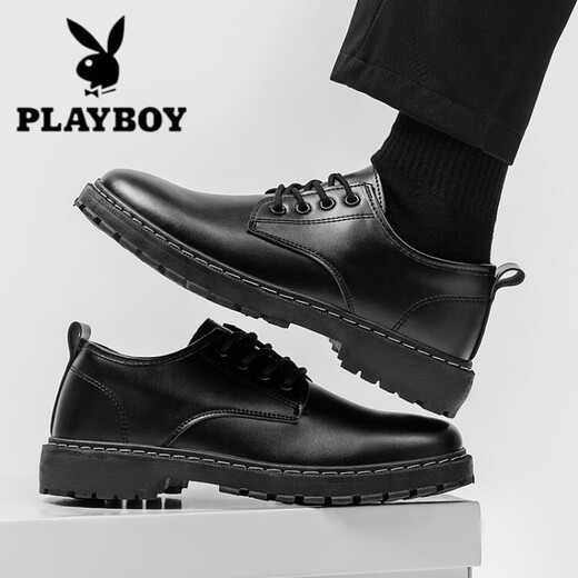 Playboy Autumn Business Leather Shoes Men's Formal Korean Style Trendy Breathable British Business Casual Shoes Thick Sole Round Toe Suit Trendy Shoes Black 1 41