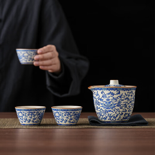 Ru Kiln Travel Tea Set One Pot Three Cups Convenient Outdoor Camping Teapot Teacup Holiday Souvenir Ru Kiln Yellow-Quick One Pot Three Cups + Small Gray Bag