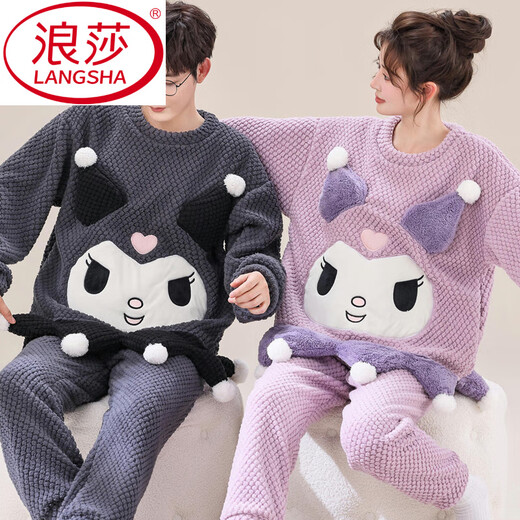 LangSha buy one get one free couple pajamas for women autumn and winter coral velvet thickened cute cartoon large size men's home wear set velvet Kurome M female + male L