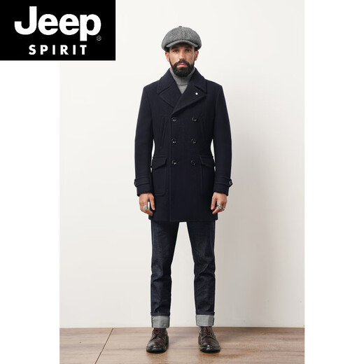 JEEP SPIRIT autumn and winter thickened wool coat men's double row casual navy short peacoat heavy woolen coat trendy dark blue L 135Jin Jin is equal to about 0.5 kg