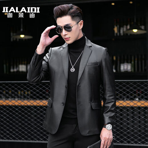 Galedi leather suit men's autumn new sheepskin jacket slim thin small suit business Haining leather jacket trendy black S 16546