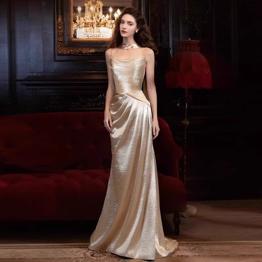 Vnxifm evening dress high-end suspenders niche light luxury host engagement banquet birthday socialite temperament fishtail dressing gown toast champagne gold M