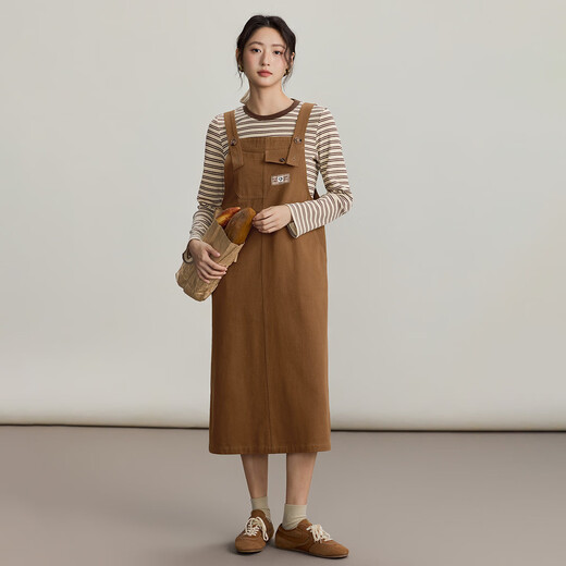 INMAN two-piece set 2025 autumn college retro Maillard striped long-sleeved T-shirt slit suspender skirt light brown S