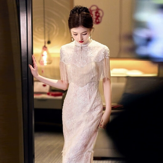 In the season, champagne-colored high-end dress, new Chinese-style engagement cheongsam, light luxury niche bride's toast dress, home-going out-of-house temperament, C89 latent pink 2XL