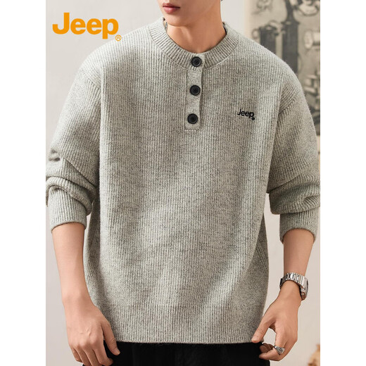 Jeep (JEEP) Casual Sweater Men's 2025 Autumn and Winter Henley Neck Sweater Trendy Brand Loose Sweater Men 25005 Light Gray Jeep Official M_90-110Jin Jin equals 0.5 kg