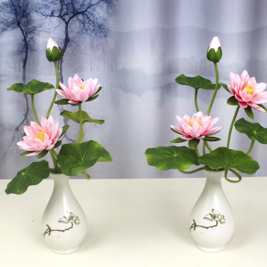 Artificial flower lotus for Buddha, lotus for Buddha, artificial flower for front of Buddha, artificial flower decoration, small ornaments, bonsai silk flower, Guanyin flower Buddha stand, 2 small porcelain vases plus 2 bunches of white, no smell
