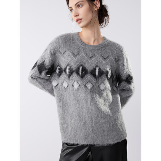 ELLE sheep wool mohair retro jacquard sweater for women 2025 winter new loose lazy sweater medium gray L