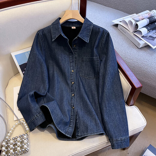 ANGEL MOOD thickened velvet retro washed denim shirt women's jacket autumn and winter versatile trendy women's tops denim shirt blue M