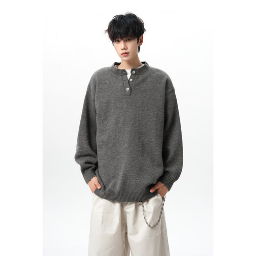 Carew micro Henry collar sweater men's large size student outdoor loose lazy style knitted sweater with warm base layer for men light gray M