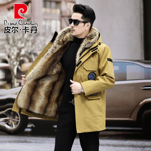 Pierre Cardin parka men's mid-length imitation mink liner removable winter cotton coat imitation mink velvet coat imitation mink coat black fur mid-length fur sleeves + removable liner 2XL recommended 145-155Jin Jin equals 0.5 kg