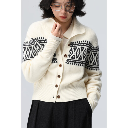 Xingshi WeTHEE 100 sheep wool medium thick Fair Isle cardigan sweater college style high collar multi-button women's sweater dark gray M