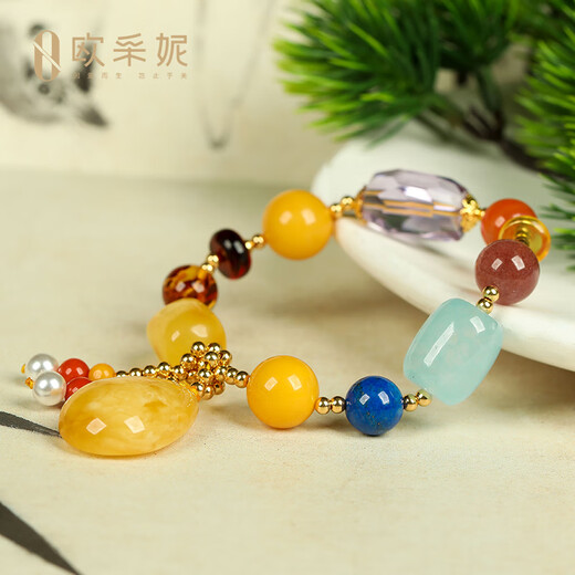 Ouchini Natural Beeswax Bracelet Duobao Bracelet Bracelet Blood Amber and Amber with Amber Water Drop Pendant for Birthday Gift Colorful Water Drop Bracelet