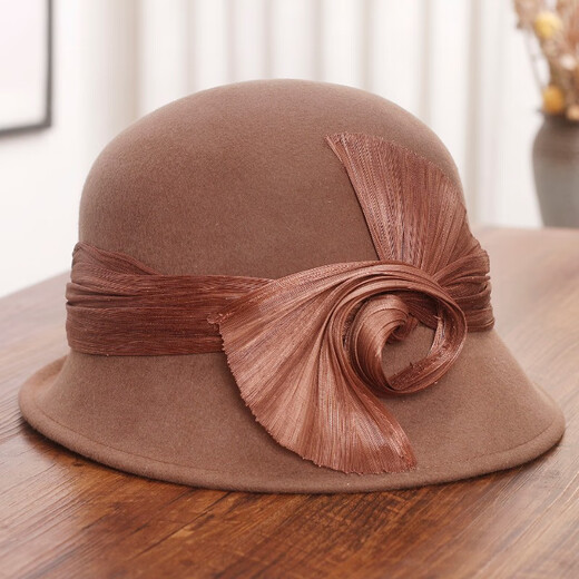 Hanqing Mid-summer French style silk linen bow woolen fisherman hat for women autumn and winter fashion Hepburn wind basin hat elegant curling ceremony off-white m (56-58cm)