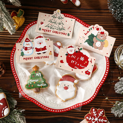 Bad Fox Christmas Cookie Packaging Bag Card Transparent Cookie Snowflake Crispy Glutinous Rice Boat Candy Snack Packing Bag 100 Sets Apple Bear + Flat Pocket